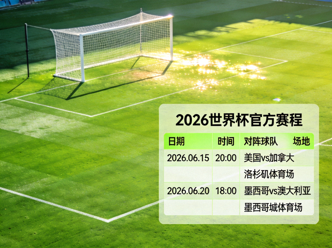 2026世界杯指定平台官方赛程展示，绿茵足球场与赛程表组合图，4K高清体育素材